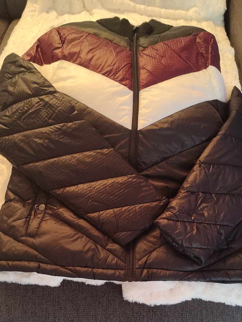 Marc New York Chevron Quilted Puffer Jacket in Black, White & Burgundy